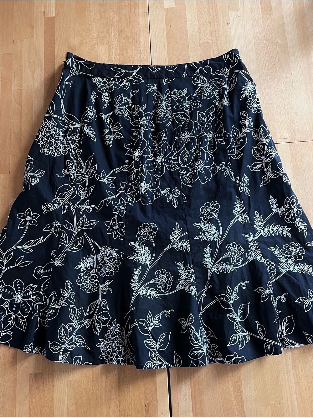LOFT Black A-Line Skirt with White Floral Print